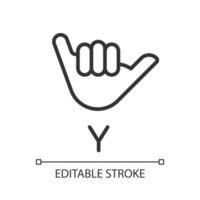 Letter Y sign in ASL pixel perfect linear icon. People with deafness language. Gesturing. Thin line illustration. Contour symbol. Vector outline drawing. Editable stroke