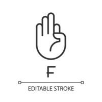 Letter F in American sign language pixel perfect linear icon. Nonverbal communication. Thin line illustration. Contour symbol. Vector outline drawing. Editable stroke