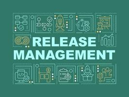 Release management word concepts dark green banner. Startup launch. Infographics with editable icons on color background. Isolated typography. Vector illustration with text