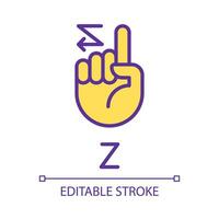 Signing letter Z in ASL pixel perfect RGB color icon. American nonverbal language. Dealing with deafness. Isolated vector illustration. Simple filled line drawing. Editable stroke