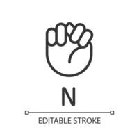 Letter N sign in ASL pixel perfect linear icon. Communication system. Visual modality. Thin line illustration. Contour symbol. Vector outline drawing. Editable stroke