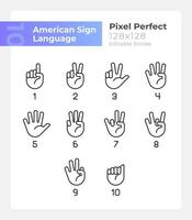 Digits in American sign language pixel perfect linear icons set. Customizable thin line symbols. Isolated vector outline illustrations. Editable stroke