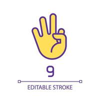 Signing digit nine in ASL pixel perfect RGB color icon. Non verbal language system. Communication. Isolated vector illustration. Simple filled line drawing. Editable stroke