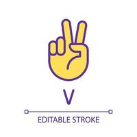 Letter V in ASL system pixel perfect RGB color icon. Sound visualization by gestures. Communication. Isolated vector illustration. Simple filled line drawing. Editable stroke