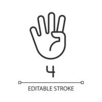 Digit four sign in ASL pixel perfect linear icon. Nonverbal communication performing. Modality. Thin line illustration. Contour symbol. Vector outline drawing. Editable stroke