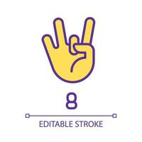 Digit eight sign in ASL pixel perfect RGB color icon. Gesture language. Nonverbal communication. Isolated vector illustration. Simple filled line drawing. Editable stroke