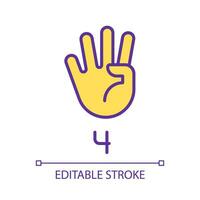 Digit four sign in ASL pixel perfect RGB color icon. Nonverbal communication performing. Modality. Isolated vector illustration. Simple filled line drawing. Editable stroke