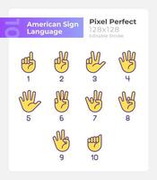 Digits in American sign language pixel perfect RGB color icons set. Isolated vector illustrations. Simple filled line drawings collection. Editable stroke