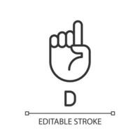 Signing letter D in ASL pixel perfect linear icon. Nonverbal system. People with deafness support. Thin line illustration. Contour symbol. Vector outline drawing. Editable stroke