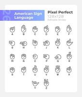 Letters in American sign language pixel perfect linear icons set. Customizable thin line symbols. Isolated vector outline illustrations. Editable stroke