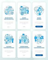 Cognitive bias in psychology blue onboarding mobile app screen set. Walkthrough 3 steps editable graphic instructions with linear concepts. UI, UX, GUI template vector