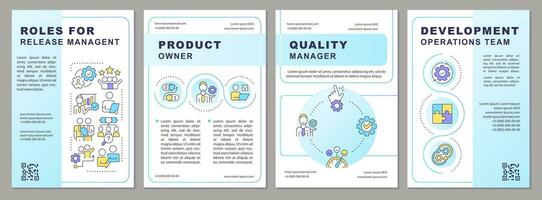 Roles for release team work brochure template. Software delivery. Leaflet design with linear icons. Editable 4 vector layouts for presentation, annual reports