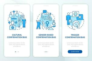 Confirmation bias in interviewing blue onboarding mobile app screen. Walkthrough 3 steps editable graphic instructions with linear concepts. UI, UX, GUI template vector