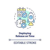 Deploying on time concept icon. Schedule period. Release management success indicator abstract idea thin line illustration. Isolated outline drawing. Editable stroke vector