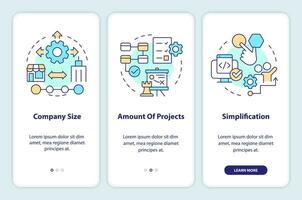 Choosing release management tools onboarding mobile app screen. Walkthrough 3 steps editable graphic instructions with linear concepts. UI, UX, GUI template vector