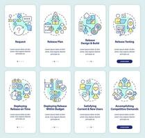 Release management process onboarding mobile app screen set. Walkthrough 4 steps editable graphic instructions with linear concepts. UI, UX, GUI template vector