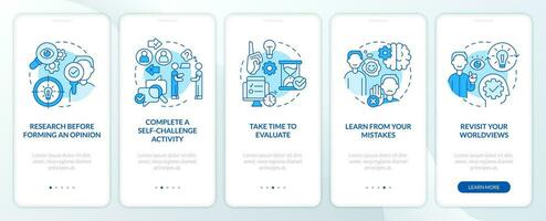 Avoiding confirmation bias tips blue onboarding mobile app screen. Walkthrough 5 steps editable graphic instructions with linear concepts. UI, UX, GUI template vector