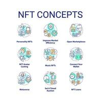 NFT concept icons set. Blockchain technology. Making money in cyberspace idea thin line color illustrations. Isolated symbols. Editable stroke vector