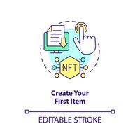 Create your first item concept icon. Upload file on marketplace. NFTs minting process abstract idea thin line illustration. Isolated outline drawing. Editable stroke vector