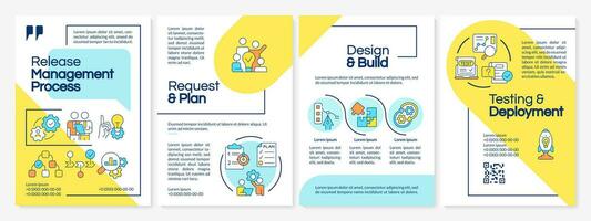 Software release management process blue and yellow brochure template. Leaflet design with linear icons. Editable 4 vector layouts for presentation, annual reports