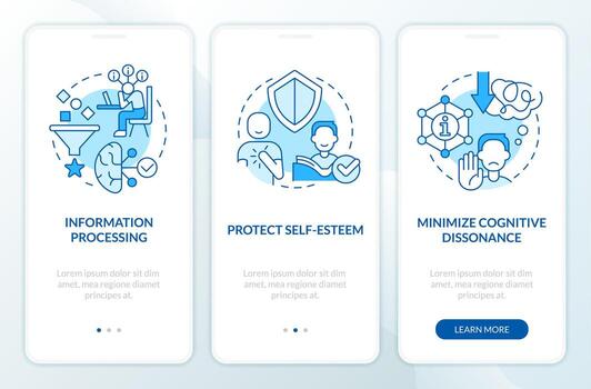 Explanations of cognitive bias blue onboarding mobile app screen. Walkthrough 3 steps editable graphic instructions with linear concepts. UI, UX, GUI template vector