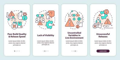 Common release management challenges onboarding mobile app screen. Walkthrough 4 steps editable graphic instructions with linear concepts. UI, UX, GUI template vector