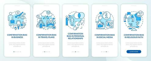 Examples of cognitive bias blue onboarding mobile app screen. Walkthrough 5 steps editable graphic instructions with linear concepts. UI, UX, GUI template vector