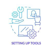 Setting up tools blue gradient concept icon. Workplace equipment. New hire customer service training step abstract idea thin line illustration. Isolated outline drawing vector