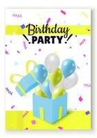 Multicolor confetti with gift box and balloons happy birthday celebration design flyer vector