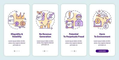 NFT disadvantages onboarding mobile app screen. Problems walkthrough 4 steps editable graphic instructions with linear concepts. UI, UX, GUI template vector