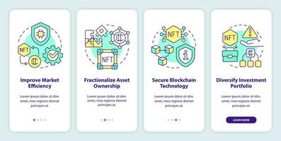 NFT benefits onboarding mobile app screen. Digital artworks walkthrough 4 steps editable graphic instructions with linear concepts. UI, UX, GUI template vector