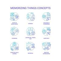Memorizing things tricks blue gradient concept icons set. Improve memory skills. Brain training. Learn idea thin line color illustrations. Isolated symbols vector