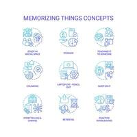 Memorizing things tricks blue gradient concept icons set. Improve memory skills. Brain training. Learn idea thin line color illustrations. Isolated symbols vector