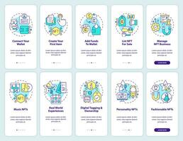 NFTs minting and trends onboarding mobile app screen set. Blockchain walkthrough 5 steps editable graphic instructions with linear concepts. UI, UX, GUI template vector