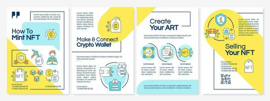 NFT minting blue and yellow brochure template. Sell digital art. Leaflet design with linear icons. Editable 4 vector layouts for presentation, annual reports