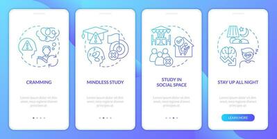 Unproductive ways to study blue gradient onboarding mobile app screen. Walkthrough 4 steps graphic instructions with linear concepts. UI, UX, GUI template vector