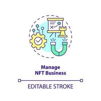 Manage NFT business concept icon. Patrons engagement. Artwork minting process abstract idea thin line illustration. Isolated outline drawing. Editable stroke vector