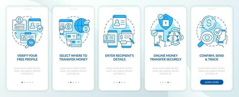 Transferring funds blue onboarding mobile app screen. Digital wallet walkthrough 5 steps editable graphic instructions with linear concepts. UI, UX, GUI template vector
