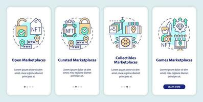 NFT marketplace categories onboarding mobile app screen. Business walkthrough 4 steps editable graphic instructions with linear concepts. UI, UX, GUI template vector