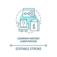 Company history, reputation turquoise concept icon. Search information about business abstract idea thin line illustration. Isolated outline drawing. Editable stroke vector