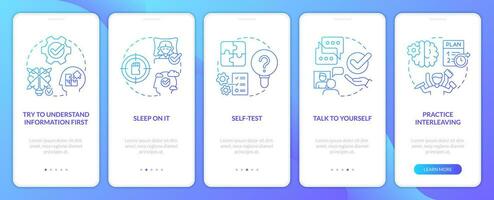 Simple memory tips blue gradient onboarding mobile app screen. Learn things walkthrough 5 steps graphic instructions with linear concepts. UI, UX, GUI template vector