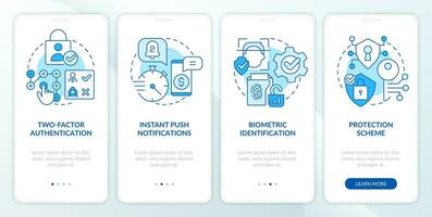 E banking security blue onboarding mobile app screen. Account safety walkthrough 4 steps editable graphic instructions with linear concepts. UI, UX, GUI template vector