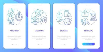 Memorizing information process blue gradient onboarding mobile app screen. Walkthrough 4 steps graphic instructions with linear concepts. UI, UX, GUI template vector