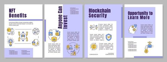 NFT benefits purple brochure template. Crypto advantages. Leaflet design with linear icons. Editable 4 vector layouts for presentation, annual reports