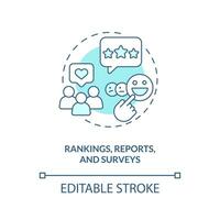 Check company reputation turquoise concept icon. Rankings, reports and surveys abstract idea thin line illustration. Isolated outline drawing. Editable stroke vector