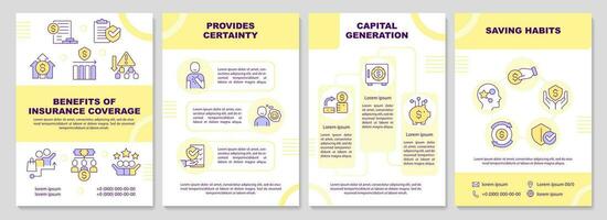 Benefits of insurance coverage yellow brochure template. Leaflet design with linear icons. Editable 4 vector layouts for presentation, annual reports