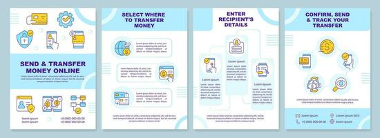 Send and transfer money online blue brochure template. Leaflet design with linear icons. Editable 4 vector layouts for presentation, annual reports