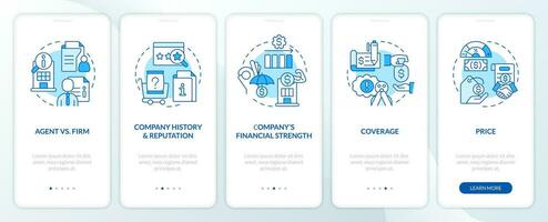 Tips for choosing coverage provider blue onboarding mobile app screen. Walkthrough 5 steps editable graphic instructions with linear concepts. UI, UX, GUI template vector