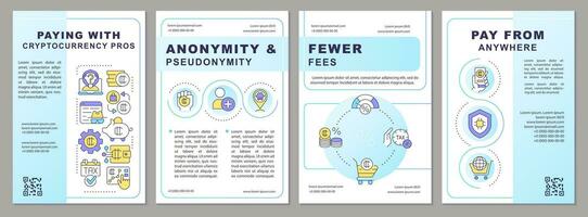 Paying with cryptocurrency pros blue gradient brochure template. Leaflet design with linear icons. 4 vector layouts for presentation, annual reports