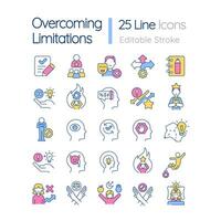 Overcoming limitations RGB color big icons set. Personal growth. Inner strength. Isolated vector illustrations. Simple filled line drawings collection. Editable stroke used